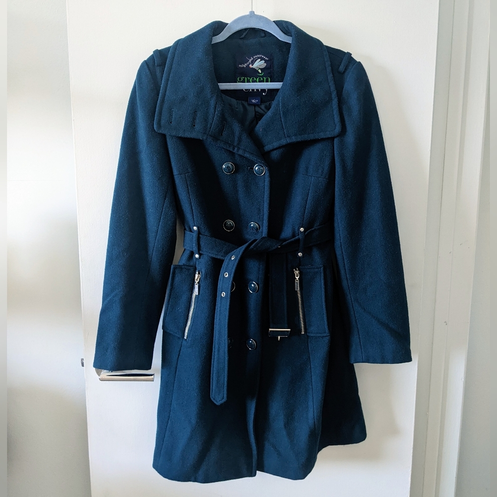 Dark blue green wool blend coat